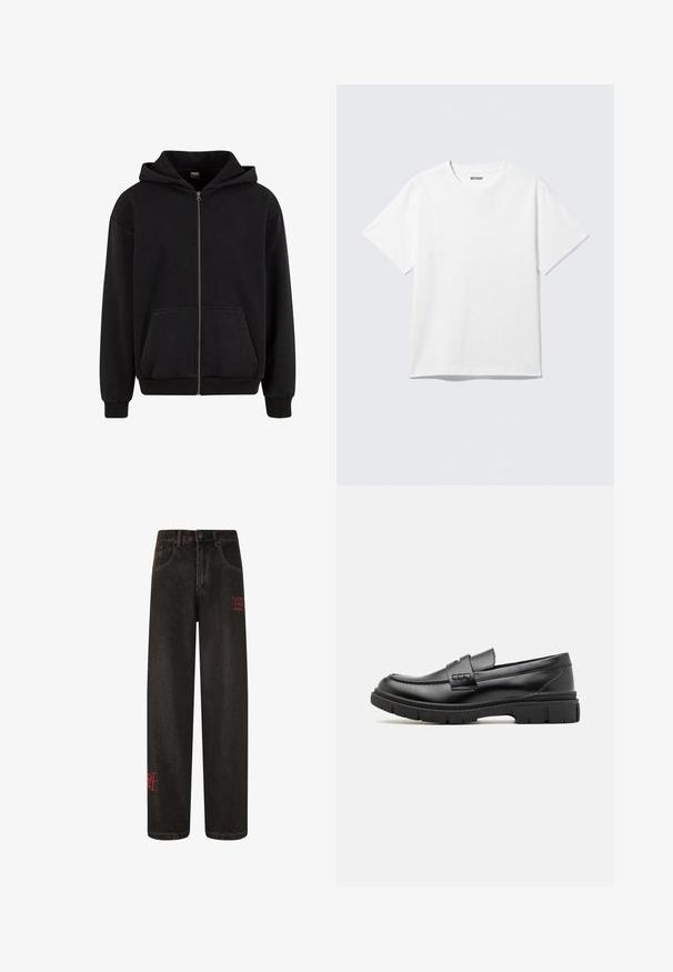Urban Classics VINTAGE - Sweatjacke - black; Weißes T-Shirt mit kurzen Ärmeln und Rundhalsausschnitt, flach liegend, schlichtes Design, mit „WEEKDAY“-Etikett innen im Kragen auf hellem Hintergrund.; Schwarz Denim Weitbeinjeans mit sichtbaren Nähten und roten gestickten Texten. Verfügt über einen klassischen Knopfverschluss und Gürtelschlaufen.; Schwarze Lederloafer mit einem breiten Riemen über dem Rist, Gummisohle mit dicken Profilen und glatter Textur. Klassisches, schlankes Design.