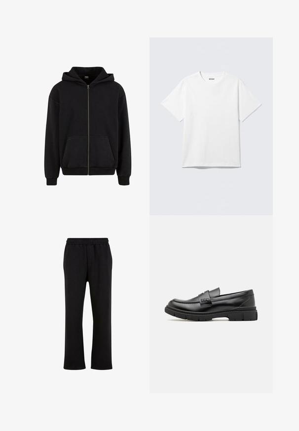 Urban Classics VINTAGE - Lukuga pusa - black; Valge lühikeste varrukatega ümarakaelusega T-särk, laotatud sirgelt, ühevärviline disain, krae siseküljel "WEEKDAY" silt heledal taustal.; Urban Classics Dresside alumine osa - black; Musthave nahkast suss, millel on lai rihm üle vöö, kummitald paksude mustritega ning sile tekstuur. Klassikaline, elegantne disain.