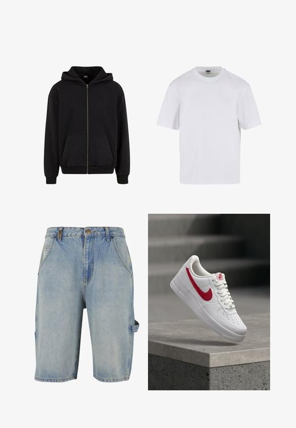 Urban Classics VINTAGE - Mikina so zipsom - black; Biela polokošeľa s krátkym rukávom vyrobená z bavlny. Má okrúhly výstrih a voľný strih. Hladká textúra, minimalistický dizajn, bez vzorov alebo akcentov.; Džínsy šortky v svetlo modrej farbe, s klasickým dizajnom s piatimi vreckami, viditeľnými švami a bočným cargo vreckom s slučkou.; Biely Nike Air Force 1 teniska s červeným logom Swoosh vznášajúca sa nad betónovým lemom a schodmi v pozadí.