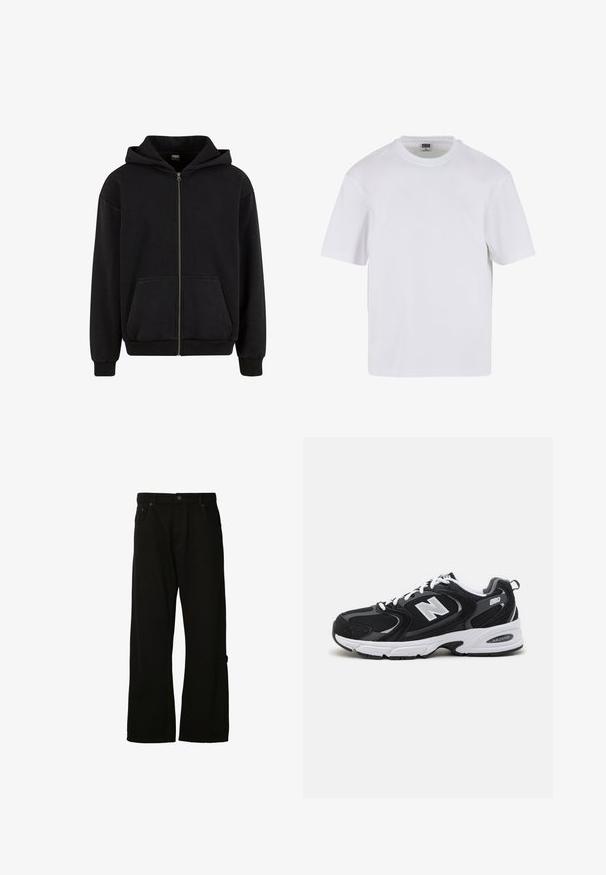 Urban Classics VINTAGE - Φούτερ με φερμουάρ - black; Λευκό κοντομάνικο μπλουζάκι από βαμβάκι. Διαθέτει στρογγυλή λαιμόκοψη και άνετη εφαρμογή. Λείο υλικό, μινιμαλιστικός σχεδιασμός, χωρίς μοτίβα ή διακοσμητικά.; Μαύρα φαρδιά τζιν παντελόνια από βαμβάκι. Διαθέτουν κούμπωμα με κουμπί και φερμουάρ, πέντε τσέπες και μία πλαϊνή τσέπη με λεπτομέρεια ραφής.; Μαύρα και γκρι αθλητικά παπούτσια με ανώτερο μέρος από δίχτυ και σουέτ, διαθέτοντας λευκή ενδιάμεση σόλα, κορδόνια και έντονο λογότυπο "N" στο πλάι.