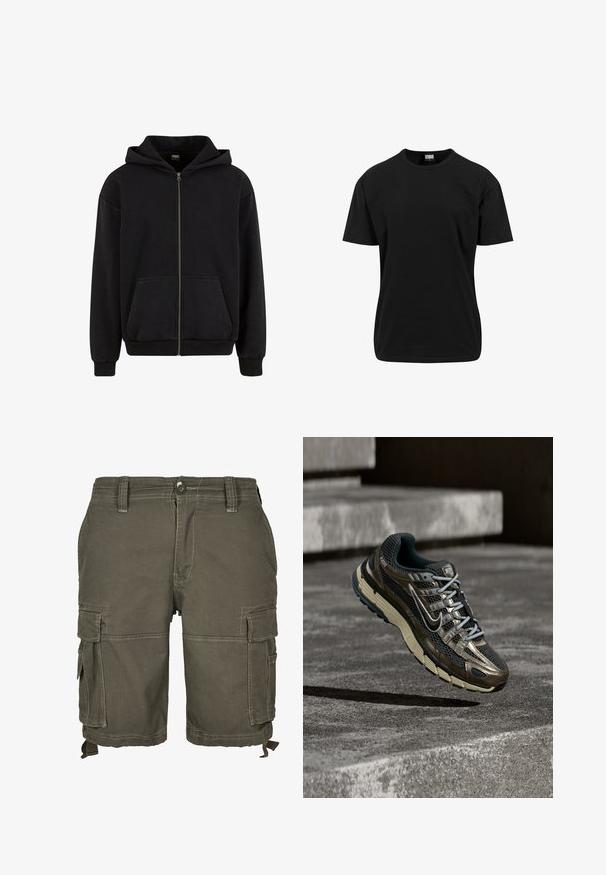 Urban Classics VINTAGE - Sweatjacke - black; Schwarzes kurzärmliges T-Shirt aus Baumwolle mit Rundhalsausschnitt und klassischer Passform, ohne sichtbare Muster oder Akzente.; Olivgrüne Cargo-Shorts aus strapazierfähigem Stoff, mit mehreren Seitentaschen, Gürtelschlaufen und genähten Details für zusätzliche Textur.; Dunkler metallischer und schwarzer Nike Laufschuh mit beige-farbener Sohle, der über grauen Betontreppen schwebt.