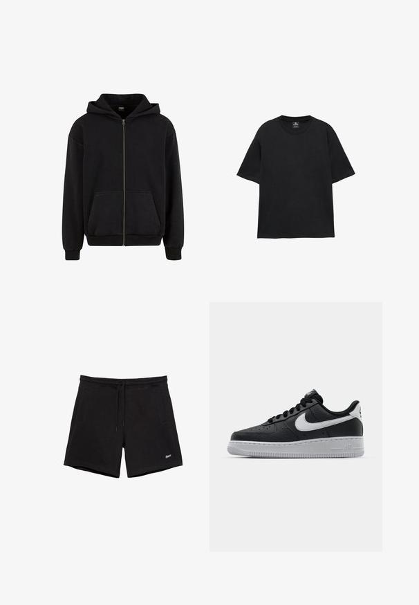 Urban Classics VINTAGE - Sweat zippé - black; T-shirt noir à manches courtes et col rond, coupe décontractée, avec une petite étiquette de la marque à l'intérieur de l'encolure.; Shorts noirs décontractés avec une ceinture élastique, un cordon de serrage, deux poches latérales et un petit logo blanc brodé sur la jambe gauche.; Baskets en cuir noir avec surface texturée, swoosh Nike blanc, semelle grise, bout rond et design à lacets. Comprend des perforations sur la boîte à orteils.
