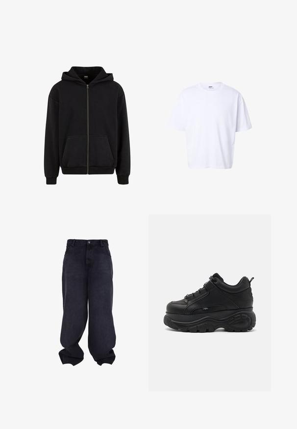 Urban Classics VINTAGE - Sweatjakke - black; Hvidt bomulds-T-shirt med korte ærmer, rund hals, løs pasform og Urban Classic-mærke inde i kraven.; Sorte oversized løstsiddende jeans med knap- og lynlåsfrontlukning, forlommer og løse, brede ben.; Svarte lædersneakers med chunky såler, tykk gummisål, slankt design og teksturerede detaljer. Har snørebånd og en pull tab ved hælen.