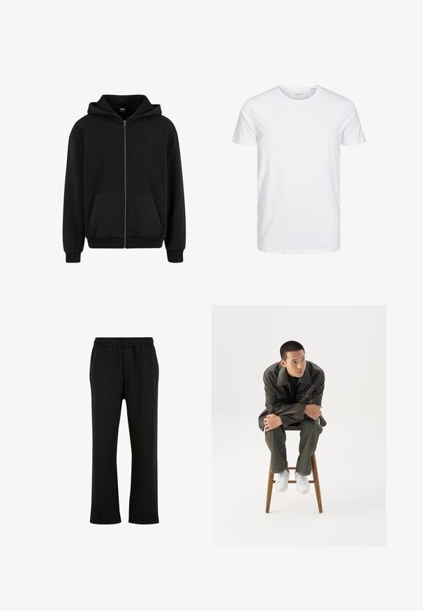 Urban Classics VINTAGE - Sweater met rits - black; Ronde hals kortemouwen t-shirt in effen wit, gemaakt van zachte katoen, heeft een eenvoudig ontwerp zonder zichtbare patronen of accenten.; Urban Classics Trainingsbroek - black; Jonge man in een donkere leren jas en spijkerbroek zit op een houten kruk, leunt naar voren met gekruiste armen en kijkt naar de zijkant tegen een witte achtergrond.
