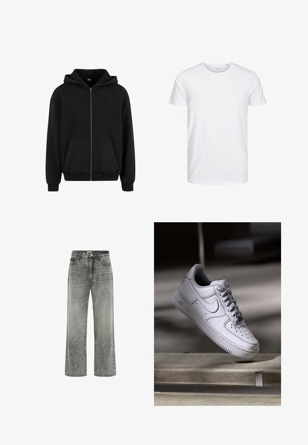 Urban Classics VINTAGE - Sweater met rits - black; Ronde hals kortemouwen t-shirt in effen wit, gemaakt van zachte katoen, heeft een eenvoudig ontwerp zonder zichtbare patronen of accenten.; Grijze wijde jeans gemaakt van denim met een vervaagde afwerking. Voorzien van voorzakken, riemlussen en een ritssluiting met knoopsluiting.; Witte Nike Air Force 1 sneaker van leer met geperforeerde neus, platte veters en een gestructureerde rubberen zool met "AIR"-logo aan de zijkant.