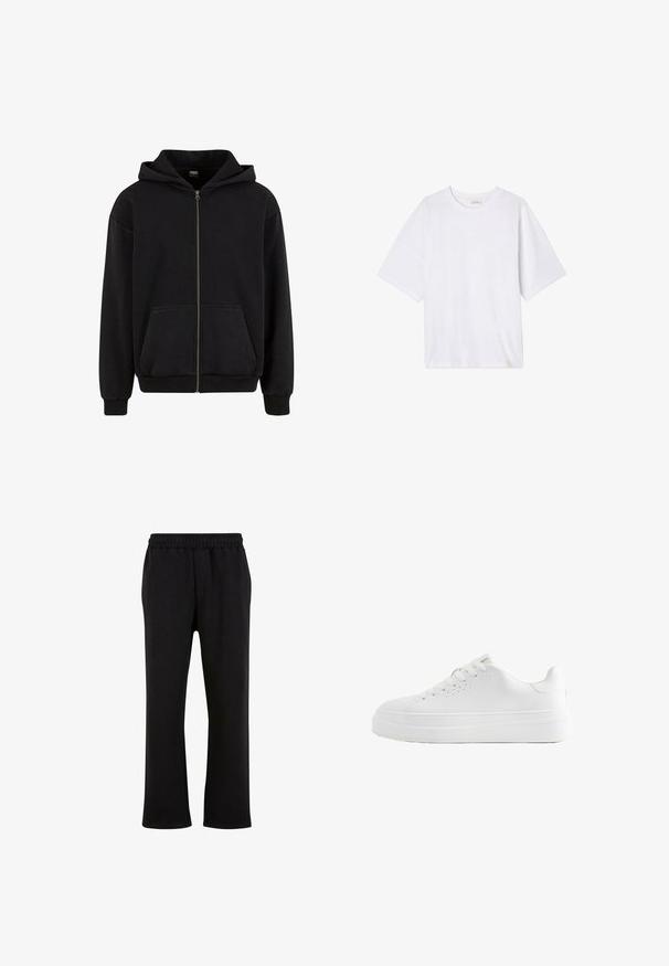 Urban Classics VINTAGE - Sweater met rits - black; Witte T-shirt met korte mouwen van zacht materiaal. Heeft een ronde halslijn en een relaxte pasvorm met een rechte zoom. Geen patronen of hardware.; Urban Classics Trainingsbroek - black; Witte lage sneaker met dikke zool, veters aan de voorkant en kleine ventilatiegaatjes aan de zijkant, zijaanzicht.