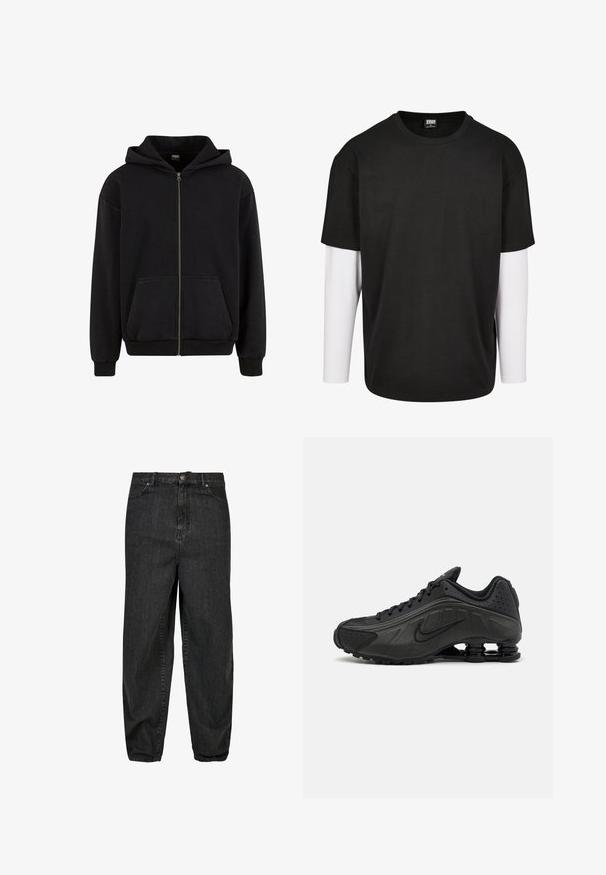 Urban Classics VINTAGE - Sudadera con cremallera - black; Camiseta negra de manga corta con una capa de manga larga blanca debajo. Hecha de algodón, con un cuello redondo y un corte relajado.; Jeans de mezclilla negra con un corte relajado, que cuentan con un cierre frontal de botón, cinco bolsillos y detalles de desgaste sutiles en la tela.; Zapatillas de running negras con un upper sintético liso, detalles perforados, paneles laterales texturizados y una suela distintiva y elástica.