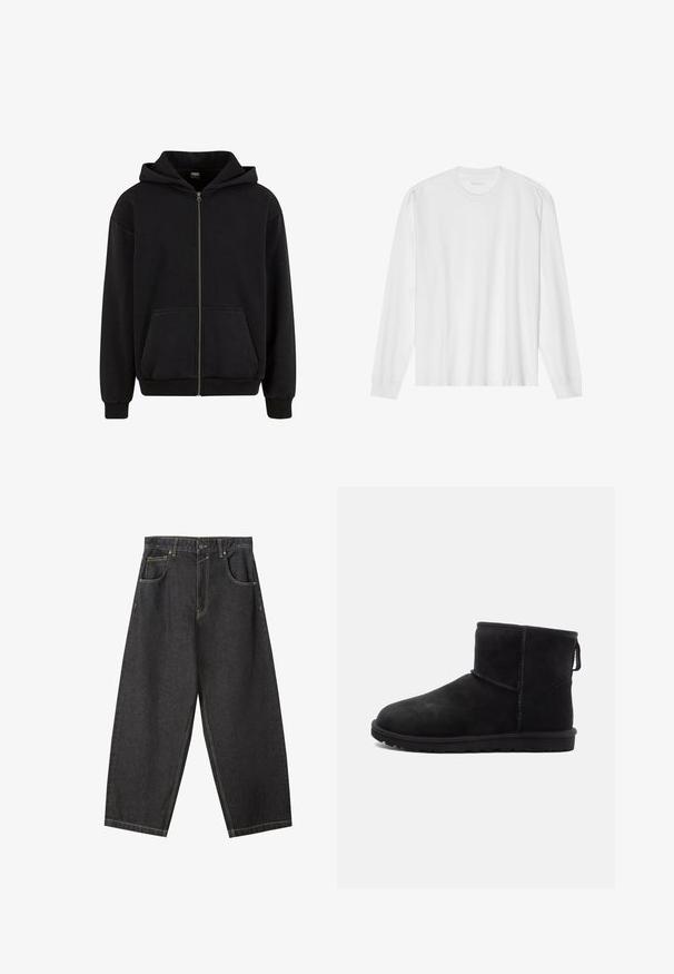 Urban Classics VINTAGE - Mikina so zipsom - black; Biele bavlnené tričko s dlhým rukávom a okrúhlym výstrihom, s rebrovanými manžetami a rovný lemom, hladkou textúrou a minimalistickým dizajnom.; Čierne deninové nohavice s širokými nohavicami a žltým prešívaním, s dizajnom na päť vreciek a stredne vysokým pásom. Textúrovaná tkanina s hladkým povrchom.; Čierne semišové členkové topánky s okrúhlym špičkou, minimálnymi detalami šitia, s pútkom a textúrovanou gumovou podrážkou. Navrhnuté pre teplo a pohodlie.