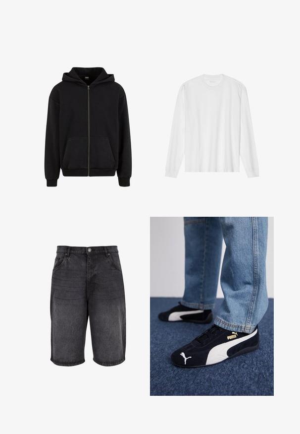 Urban Classics VINTAGE - Φούτερ με φερμουάρ - black; Λευκό βαμβακερό μπλουζάκι με μακριά μανίκια και στρογγυλή λαιμόκοψη, με ριμπ μανσέτες και ίσια τελειώματα, λεία υφή και μινιμαλιστικό σχεδιασμό.; Μαύρες τζιν βερμούδες με χαλαρή εφαρμογή, σχέδιο πέντε τσεπών και κλείσιμο με κουμπί. Το ύφασμα έχει λεία υφή με διακριτική φθορά.; Μαύρα σουέτ αθλητικά παπούτσια με λευκές λεπτομέρειες, featuring χρυσό λογότυπο. Φορεμένα με ανοιχτό μπλε τζιν παντελόνι και τοποθετημένα σε μια υφή μπλε επιφάνειας.