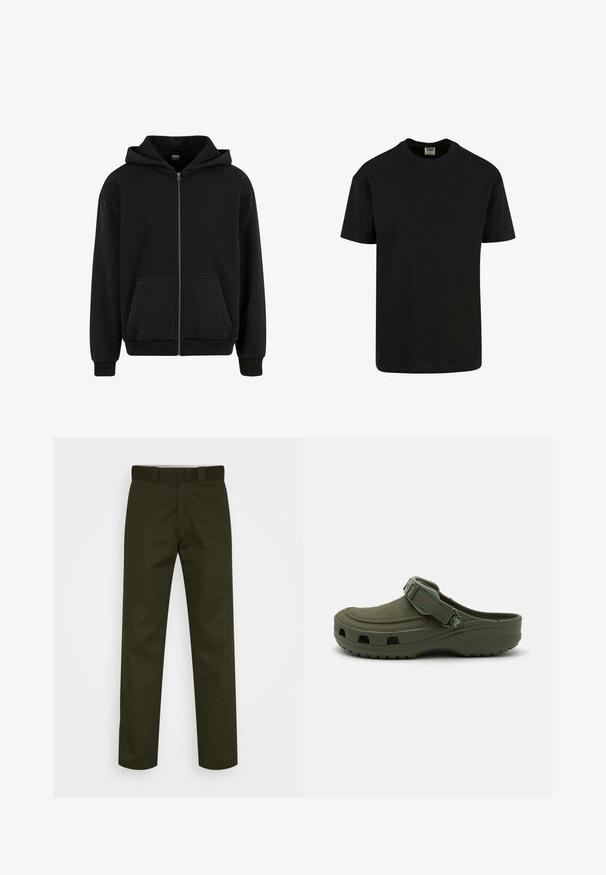 Urban Classics VINTAGE - Sweatjakke - black; Urban Classics SHORTSLEEVE - T-shirts basic - black; Mørkegrønne bukser med lige ben, lavet af et glat stof. Har en flad front, bæltestropper og ingen synlige mønstre eller hardware.; Grøn gummi klipklap med justerbar rem og ventilationshuller. Glat tekstur, rundt tåparti og hævet sål for komfort.