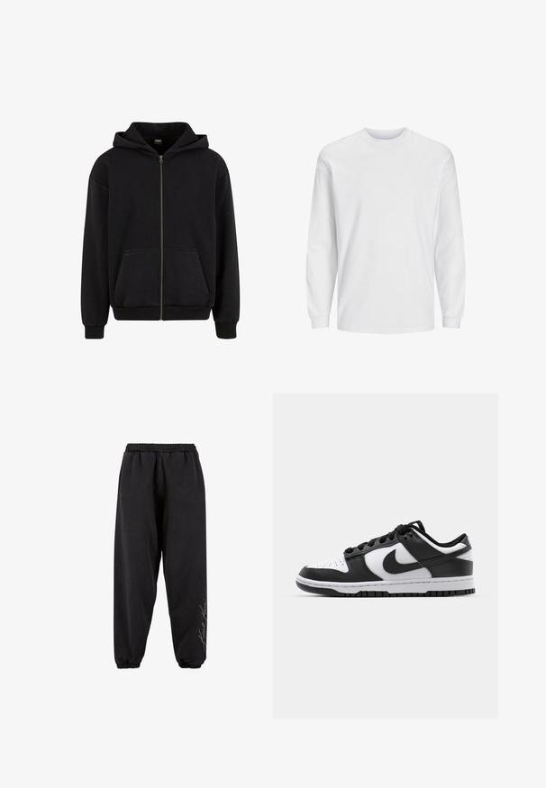 Urban Classics VINTAGE - Mikina so zipsom - black; Biele tričko s dlhým rukávom vyrobené z bavlny. Má okrúhly výstrih a jednoduchý dizajn bez vzorov alebo ozdôb. Mäkká, hladká textúra.; Čierne teplákové nohavice vyrobené z mäkkého materiálu s elastickým pásom. Zužujúce sa členky a potlač na jednej strane. Neformálny, voľný strih.; Čierno-biele tenisky Nike Dunk s koženým vrchom, perforovanou špičkou, čiernymi šnúrkami a čiernou gumovou podrážkou s dezénom.