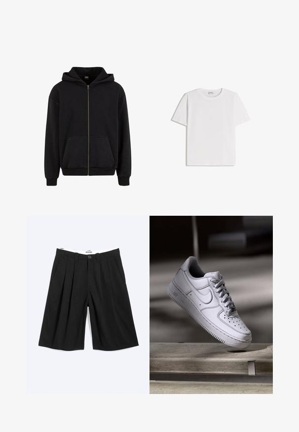 Sweat à capuche noir zippé intégral avec poches kangourou à l'avant et poignets et ourlet côtelés, affiché sur fond blanc.; T-shirt en coton blanc avec un col rond et des manches courtes. Présente une coupe classique et carrée, sans motifs ni accents visibles.; Short noir plissé longueur genou avec passants de ceinture, poches latérales et fermeture par bouton, présenté à plat sur fond blanc.; La basket Nike Air Force 1 en cuir blanc présente un embout perforé, des lacets plats et une semelle en caoutchouc texturée avec le logo « AIR » sur le côté.