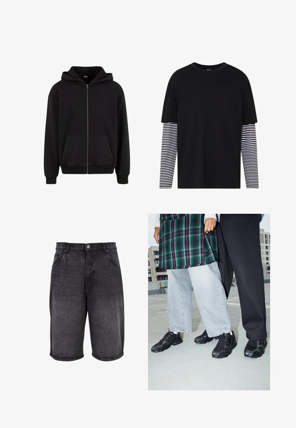 Urban Classics VINTAGE - Lukuga pusa - black; Must musta-särgid lühikeste varrukatega, millel on ühtlane eesosa ja pikad triibulised varrukad mustades ja valgetes toonides. Lihtne ümmargune kaelus, juhuslik sobitamine.; Mustad teksashortsid, mis omavad lõdva istuvust, viit taskut ja nööbiringi. Kanga pind on sileda tekstuuriga ning kergete vicepitikutega.; Mustad mustad jalanõud, millel on võrkkangast ja kummist aktsendid. Kannab heledat halli laiade jalgadega teksapükse ja ruudulist rohelisest topi. Lame pind taust.