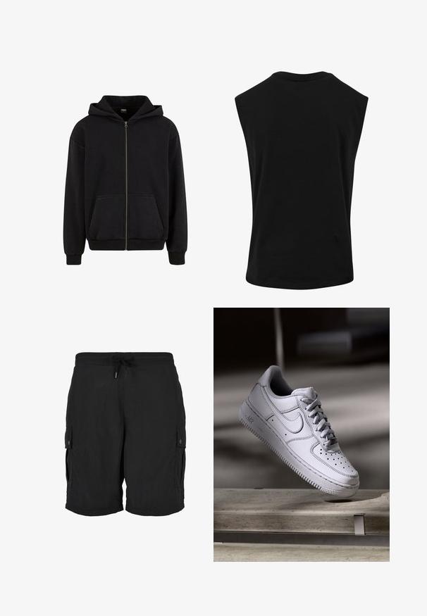 Urban Classics VINTAGE - Sweatjakke - black; Sort ærmeløs top lavet af glat, let materiale med rund halsudskæring og afslappet pasform. Ingen synlige mønstre eller detaljer.; Sorte cargoshorts med elastisk talje, justerbar snøre og knaplukning på sidelommerne.; Hvid læder Nike Air Force 1 sneaker med perforeret tå, flade snørebånd og tekstureret gummisål med "AIR" branding på siden.