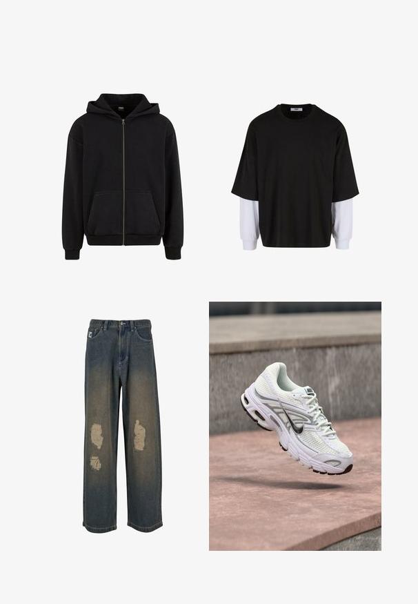 Urban Classics VINTAGE - Sweatjacke - black; Schwarzes Kurzarmoberteil mit darunterliegenden weißen Langarmhemden, aus weichem Stoff gefertigt, mit runden Halsausschnitt und lockerer Passform.; Verblasste blaue Denim-Jeans mit weitem Bein, die mit abgenutzten Flecken und ausgefransten Kanten versehen sind. Verschluss mit Metallknopf und Reißverschluss, mit vorderen Taschen.; Weiße und graue Nike-Laufschuhe, die in der Luft über einem rötlich-braunen Gehweg schweben, mit verschwommenen Betontreppen im Hintergrund.