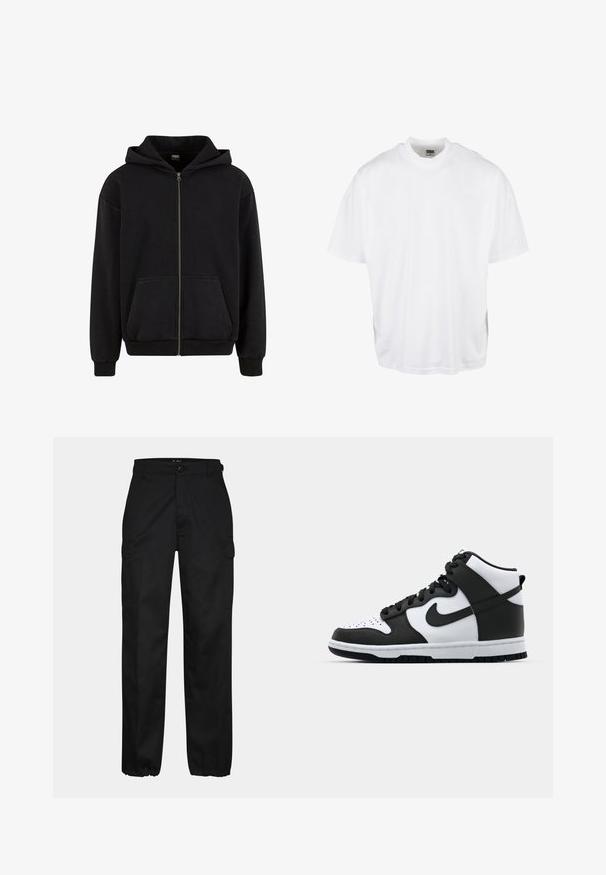 Urban Classics VINTAGE - Sweater met rits - black; Witte katoenen t-shirt met een relaxte pasvorm, korte mouwen en een ronde halslijn, met een rechte zoom en geen zichtbare grafische afbeeldingen of patronen.; Zwarte cargobroek met een rechte pasvorm, voorzien van zijzakken, een knoopsluiting en elastische boorden bij de enkels. Gemaakt van duurzaam materiaal.; Zwart-witte hoge sneakers met leren bovenwerk, geperforeerde neus, prominente swoosh-logo en een getextureerde rubberen zool.