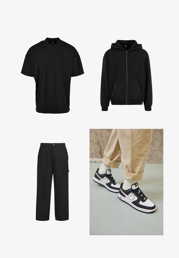 Urban Classics VINTAGE - Sweatjakke - black; Sort kortærmet T-shirt med rund halsudskæring, lavet af blødt stof, med en afslappet pasform og uden synlige mønstre eller accenter.; Sorte bomuldsbukser med afslappet pasform, der har to frontlommer, en lynlås foran og en synlig knap foran. Glat tekstur, lige ben-design.; Sorte og hvide Nike Air Force 1 sneakers med læderoverdel, perforeret tå og tekstureret såldetalje, båret med rullede beige bukser og hvide sokker.