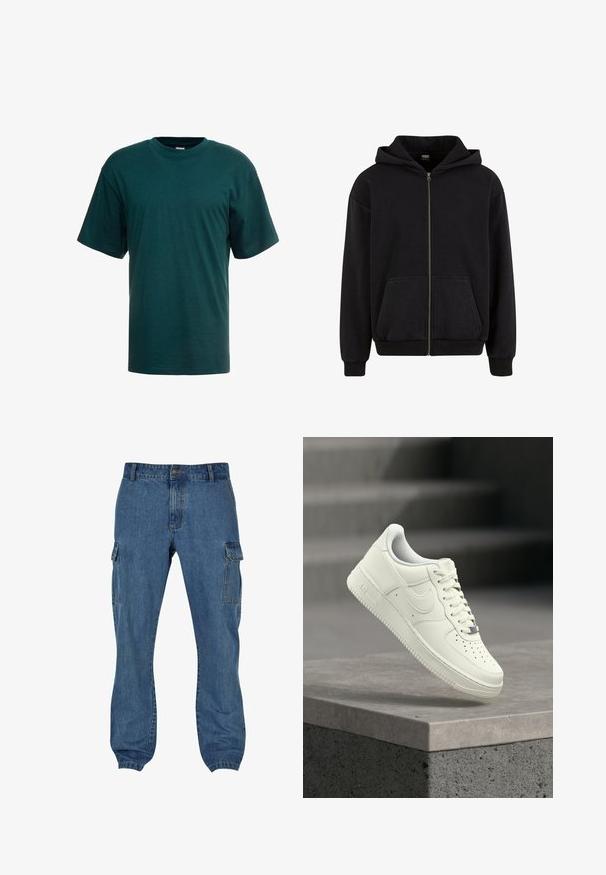 Urban Classics VINTAGE - Sudadera con cremallera - black; Camiseta de algodón verde oscuro con mangas cortas, escote redondo y un corte relajado. Textura suave sin patrones o acentos visibles.; Pantalones cargo de mezclilla azul con bolsillos laterales, un ajuste holgado y cierre de botón en la cintura. Tela texturizada con costuras visibles.; Zapatilla deportiva de cuero blanco con diseño de perfil bajo, superficie texturizada, perforaciones en la punta y detalles plateados en los cordones y la marca.