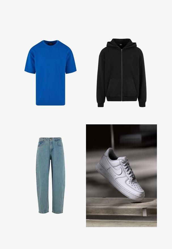 Urban Classics VINTAGE - Mikina so zipsom - black; Modrá krátkopaže tričko z bavlny s klasickým okrúhlym výstrihom a voľným strihom. Hladká textúra bez viditeľných vzorov alebo akcentov.; Svetlomodré denimové džínsy s voľným strihom, piatimi vreckami a rovnými nohavicami. Obsahujú klasický zips a zapínanie na gombík.; Biely kožený teniska Nike Air Force 1 má perforovanú špičku, ploché šnúrky a štruktúrovanú gumovú podrážku s nápisom „AIR“ na boku.