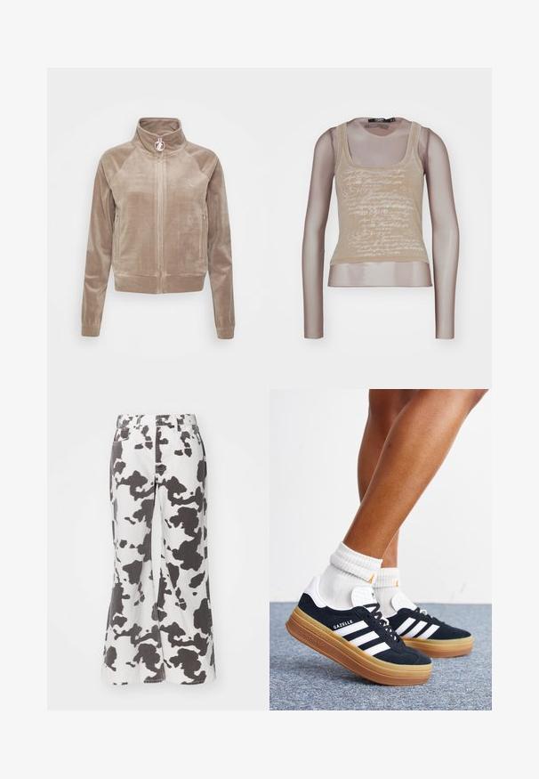 Velours-Reißverschlussjacke in hellbeige, mit Raglanärmeln, Stehkragen und einem Logo-Akzent auf der Brust. Weicher Stoff, taillierte Passform.; Beige ärmelloses Top kombiniert mit langen Mesh-Ärmeln; verfügt über einen weißen Schriftzug auf der Vorderseite, einen runden Ausschnitt und eine taillierte Silhouette.; Weiße, ausgestellt geschnittene Jeans mit schwarzem Kuhmuster. Verfügt über fünf Taschen, Gürtelschlaufen und einen vorderen Knopfverschluss. Die Struktur wirkt robust.; Beine mit weißen Socken und schwarzen Adidas Gazelle Sneakers mit weißen Streifen und dicken braunen Sohlen auf einem grauen Teppichboden.