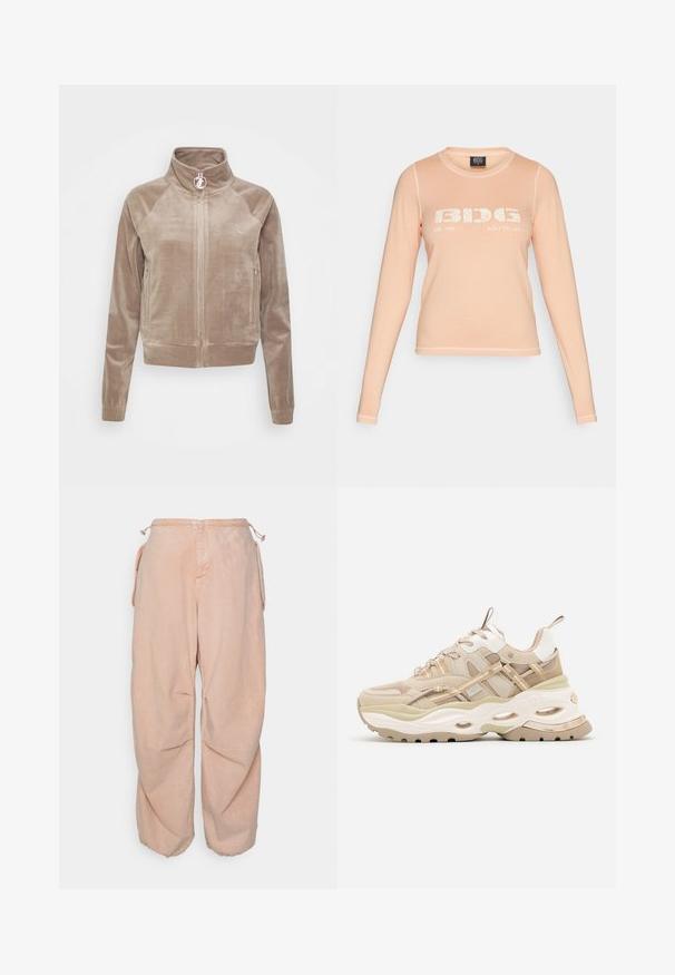 Fluwelen zip-up jas in lichtbeige, met raglanmouwen, een opstaande kraag en een logoprint op de borst. Zachte textuur, getailleerd ontwerp.; Peachkleurig t-shirt met lange mouwen, gemaakt van zachte stof. Het shirt heeft een witte grafische opdruk "BIDG EST. 1998 BUILT TO LAST" op de voorkant en contrasterende stiksels.; BDG Urban Outfitters BAGGY CARGO - Relaxed fit jeans - acid pink; Beige en witte chunky sneaker met dikke zool, mesh- en leren panelen, ovale uitsparingen in de tussenzool, trekriemen op de tong en hiel.