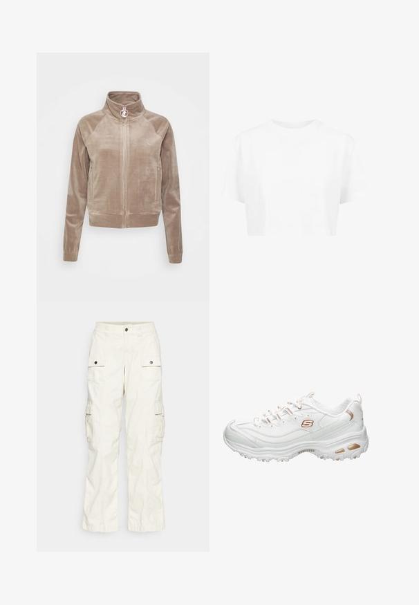 Fluwelen zip-up jas in lichtbeige, met raglanmouwen, een opstaande kraag en een logoprint op de borst. Zachte textuur, getailleerd ontwerp.; Witte cropped t-shirt, korte mouwen, ronde halslijn, gemaakt van gladde stof, zonder zichtbare patronen of opvallende hardware.; Cargo broek van lichtbeige katoen, met twee grote zijzakken, knoopsluiting en een comfortabele pasvorm met een recht model.; Witte sportschoen gemaakt van glad synthetisch materiaal. Bevat getextureerde accenten, metallic gouden details, vetersluiting en een gevoerde zool.