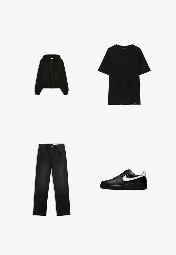 Sort hættejakke med lynlås, forlommer, snøre i hætten og ribkanter ved ærmerne, vist fladt på hvid baggrund.; Sort kortærmet t-shirt lavet af bomuld, med rund hals og et lille mærke nederst til venstre.; Sorte denimjeans med lige bendesign, fem lommer, kontrasterende hardware og rå kantdetalje nederst.; Nike Sportswear AIR FORCE 1 - Sneakers - black