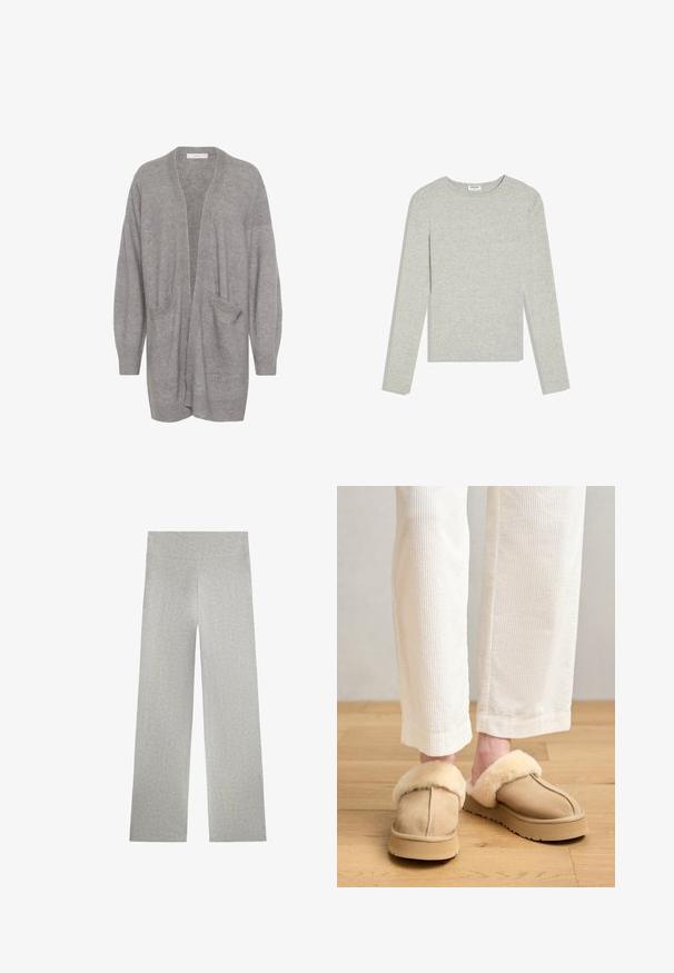 Cardigan gris avec une coupe décontractée, une ouverture à l'avant, des manches longues et deux poches à l'avant. Fabriqué en maille douce et texturée.; Chemise gris clair à manches longues avec col rond, coupe ajustée et sans motifs ou logos visibles, posée à plat sur un fond blanc.; Pantalon gris clair à jambes larges avec une taille haute et un tissu lisse, présenté à plat sur fond blanc.; Chaussons en suède beige avec une douce doublure en fausse fourrure crème et une semelle épaisse. Portés avec un pantalon en corduroy blanc à côtes, laissant entrevoir la peau au-dessus des chevilles.