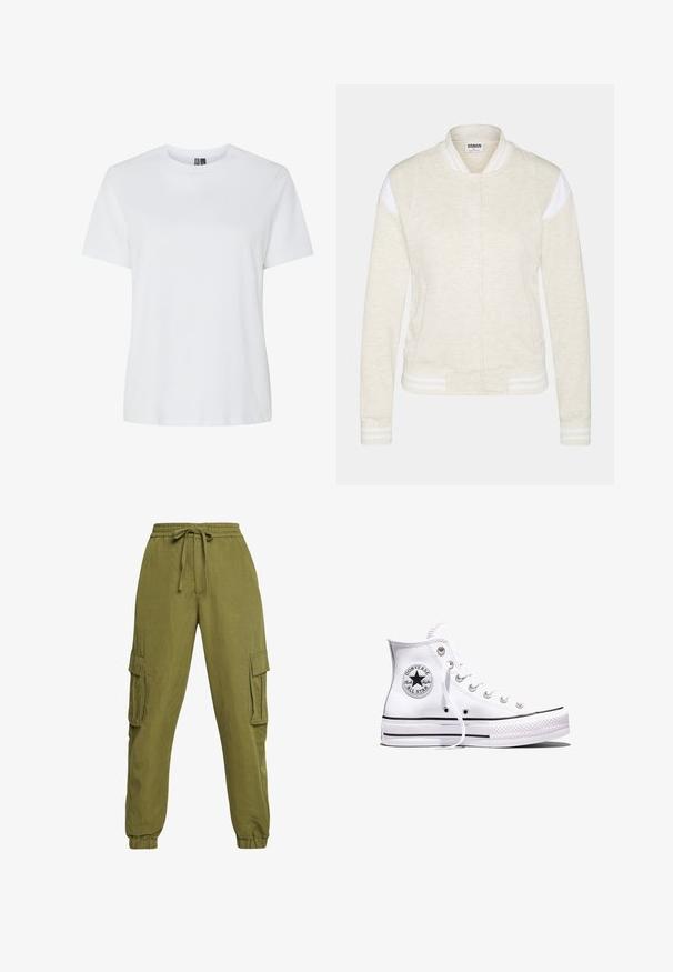 Helle Cream Bomberjacke aus weichem Stoff. Mit weißen Streifenakzenten an den Schultern und Bündchen. Frontverschluss mit Druckknöpfen und seitlichen Taschen.; Weißes Baumwoll-T-Shirt mit kurzen Ärmeln und Rundhalsausschnitt. Geschmeidige Textur, lockere Passform und keine sichtbaren Muster oder Akzente.; Olivgrüne Cargo-Hosen mit elastischem Bund, Kordelzug und Bündchen an den Knöcheln. Verfügt über Seitentaschen und einen lässigen, tapered Fit.; Weißer Converse Chuck Taylor All Star High-Top-Sneaker mit schwarzen Streifen und Logo-Patch an der Seite, präsentiert vor einem schlichten weißen Hintergrund.