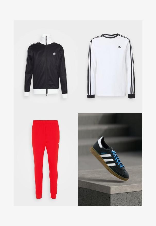 Musta treenitakki valkoisilla yksityiskohdilla, pitkä vetoketju, korkea kaulus, pitkät hihat ja Adidas-logo vasemmassa rinnassa. Sujuva kankaan rakenne.; Valkoinen Adidas pitkähihaispaita, jossa musta pyöreä pääntie, mustat hihansuut, kolme mustaa raitaa hihoissa ja musta trefoil-logo rinnassa.; Punaiset urheiluhousut, jotka on valmistettu pehmeästä kankaasta. Housuissa on slim fit -leikkaus, joustava vyötärö ja valkoiset sivusuunnat, joissa on logotieto lantiolla.; Musta Adidas-tennari valkoisilla raidoilla, sinisillä nauhoilla ja kumipohjalla kelluu pehmeässä valossa harmaan betonisen portaan yllä.