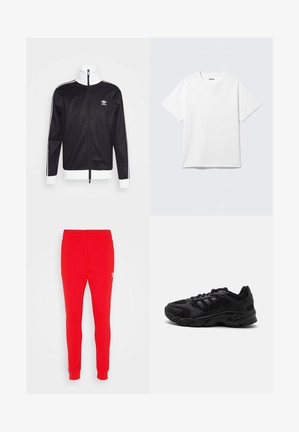 Zwarte trainingsjack met witte accenten, volledige rits, hoge kraag, lange mouwen en het Adidas-logo op de linkerborst. Gladde stoftextuur.; Witte T-shirt met korte mouwen en ronde hals, plat gelegd, effen ontwerp, met een "WEEKDAY" label in de kraag op een lichte achtergrond.; Rode sportbroek van een zacht materiaal, met een slim fit, elastische tailleband en witte zijstrepen met logo detail nabij de heup.; Zwarte sportieve schoenen met een combinatie van ademend mesh en synthetische materialen. Kenmerkende gestructureerde zool en drie zwarte strepen aan de zijkant.