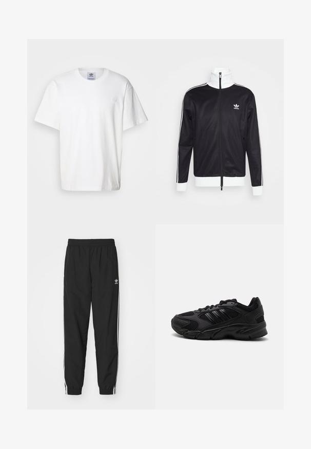 Sort track-jacket med hvide detaljer, fuld lynlås, høj krave, lange ærmer og Adidas-logo på venstre bryst. Glat stofstruktur.; Hvid bomulds t-shirt med rund hals og korte ærmer. Har et lille, broderet logo på brystet. Enkel og klassisk design.; Sorte træningsbukser med elastisk talje og manchetter, med hvide sidelister og et lille hvidt Adidas-logo på venstre hofte.; Sorte træningssko med en kombination af åndbart mesh og syntetiske materialer. Distinct tekstureret sål og tre sorte striber på siden.