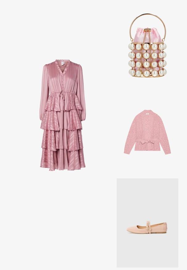 Cárdigan de punto rosa claro con textura acanalada, diseño de frente abierto, mangas largas y un lazo en la cintura para el cierre.; Largo vestido rosa con escote en V, cuello con volantes, cierre de botones, diseño de capas en niveles y rayas verticales en un material ligero.; Bailarinas de charol rosa pálido con punta afilada, que presentan dos correas ajustables y una suela de goma baja y plana.; Bolso pequeño tipo cubo de satén rosa con marco dorado, perlas grandes falsas, cordón de cadena dorada y asa redonda dorada.