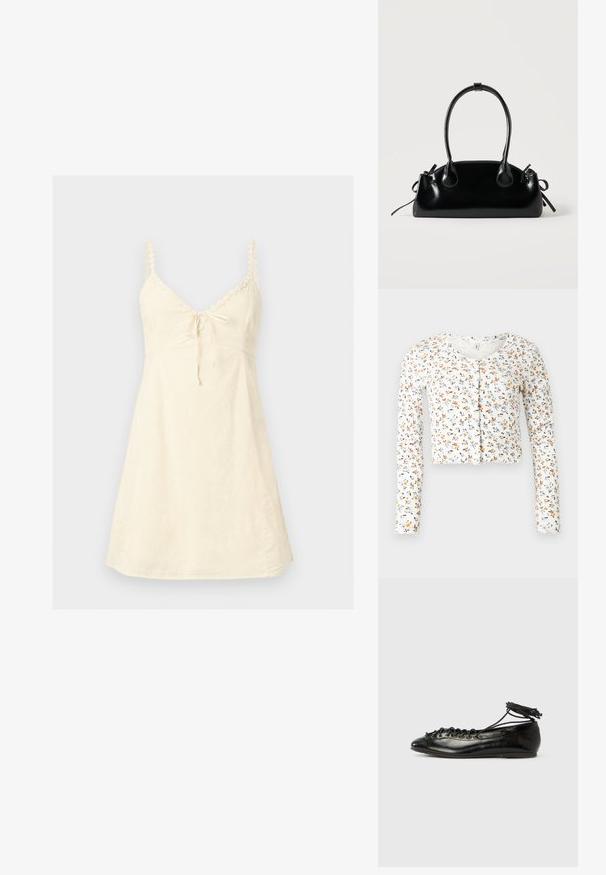 Cardigan court blanc côtelé à manches longues, imprimé floral petit bleu, orange et noir, fermeture à boutons sur le devant, col rond.; Robe sans manches couleur crème avec fines bretelles, bordure en dentelle le long du décolleté et un petit nœud à l'avant.; Ballerines en cuir verni noir avec un bout rond, un design à lacets et une semelle plate. Texture lisse avec peu de détails.; Petit sac à main noir brillant avec deux longues anses et des détails à cordon sur les côtés sur un fond clair uni.