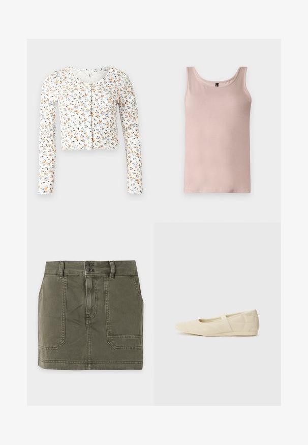 Cardigan court blanc côtelé à manches longues, imprimé floral petit bleu, orange et noir, fermeture à boutons sur le devant, col rond.; Débardeur rose clair sans manches avec encolure dégagée, présenté à plat sur un fond blanc.; Mini-jupe en denim vert olive avec deux poches avant, passants de ceinture et fermeture à double bouton à la taille.; Ballerines beiges avec une exterior en cuir lisse, un bout en forme d'amande et une sangle élastique sur le coup de pied, avec des détails de couture subtils.