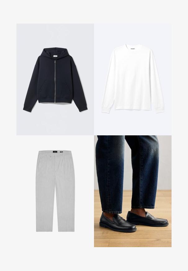 Sweat à capuche zippé bleu marine en tissu lisse, avec capuche, poches avant, et poignets et ourlet côtelés. Design simple sans motifs.; Chemise blanche unie à manches longues avec col rond et poignets côtelés, présentée sur un fond clair neutre.; Pantalon gris clair avec une texture subtile, présentant des plis à l'avant, des poches latérales et des passants de ceinture. Design à jambes droites, style minimaliste.; Mocassins en cuir noir avec des coutures et des accents texturés, portés avec un jean foncé, mettant en avant un design décontracté et épuré.