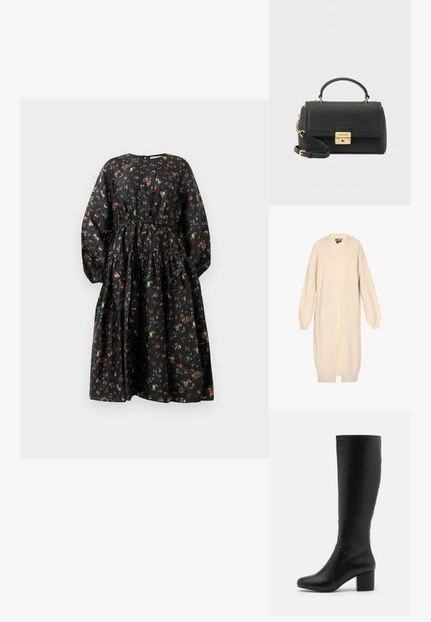Crème-kleurige gebreide cardigan met een V-hals, textuurstof, oversized mouwen en een open voorkant. Heeft ribgebreide manchetten en zoom.; Zwarte bloemenjurk met lange mouwen, ingezette taille en gelaagde rok. Heeft een kleurrijk bloemenpatroon en een gladde stoftextuur.; Knielange zwarte leren laarzen met een gladde textuur, ronde neus, zijpaneel en een chunky blokhak.; Zwarte leren handtas met een gestructureerde vorm, gouden beslag, een bovenste handvat en een afneembare schouderriem. Gestructureerd oppervlak met een klep.