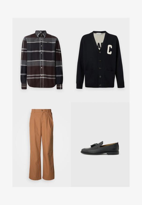 Schwarzer Knopf-Cardigan mit V-Ausschnitt, zwei Fronttaschen, gerippten Bündchen und Saum sowie einem großen weißen Buchstaben "C" auf der linken Brust.; Barbour ICELOCH TAILORED TARTAN - Hemd - midnight oak; Weit geschnittene Hosen aus warmbraunem Stoff, mit einer vorderen Knopfverschluss, dezenten Falten und geradem Schnitt für eine entspannte Passform.; Schwarzer Herrenschuh aus Leder mit Quasten, runder Spitze, niedrigem Absatz und Zuglasche auf der Rückseite, seitlich auf hellem grauem Hintergrund dargestellt.