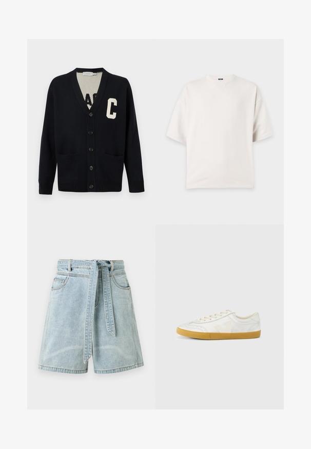 Cardigan noir boutonné avec col en V, deux poches avant, poignets et ourlet côtelés, et une grande lettre "C" blanche sur la poitrine gauche.; T-shirt blanc uni à manches courtes, col rond, coupe décontractée et petit détail de couture triangulaire sous le col.; Short en jean bleu clair avec des poches devant et une ceinture en tissu assortie nouée à la taille.; Baskets en cuir blanc à texture lisse, avec un logo "V" beige, un bout rond, un design à lacets et une semelle en caoutchouc gomme.