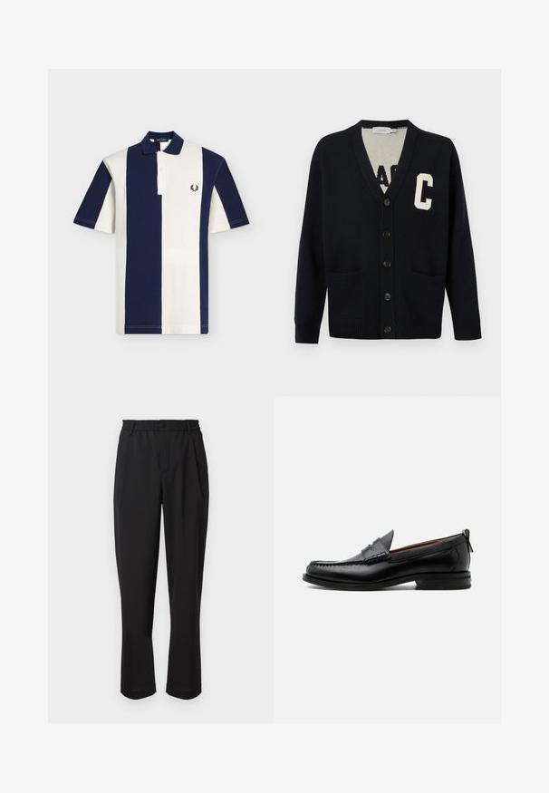 Cardigan noir boutonné avec col en V, deux poches avant, poignets et ourlet côtelés, et une grande lettre "C" blanche sur la poitrine gauche.; Polo à rayures verticales bleu marine et blanc, manches courtes, col, patte de boutonnage à deux boutons, avec logo couronne de laurier brodé sur la poitrine.; Pantalon noir avec une taille élastique, fermeture à bouton et design à jambe droite. Tissu lisse, sans motifs ni accents visibles.; Mocassin homme en cuir noir avec couture moc toe, bride penny, col texturé et petit talon empilé sur fond blanc.