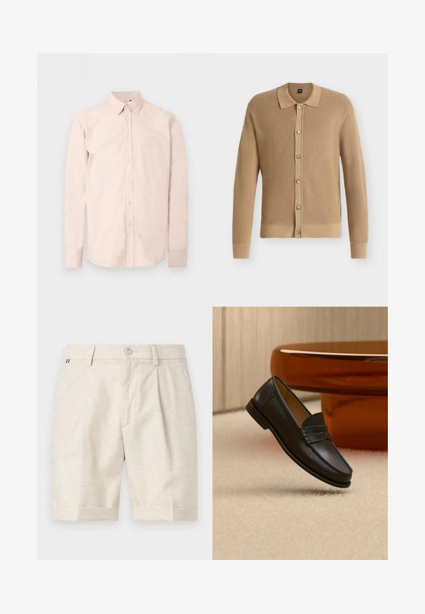 Cardigan en tricot marron clair à manches longues avec col et six boutons sur le devant, présenté sur fond blanc.; Chemise rose clair à manches longues avec boutons, col pointu, logo discret sur la poitrine et poignets boutonnés sur un fond blanc uni.; Shorts beige sur mesure longueur genou avec fermeture par boutons, passants de ceinture et plis subtils à l'avant sur fond uni.; Chaussure mocassin en cuir noir suspendue au-dessus d’un tapis beige avec du mobilier moderne couleur ambre en arrière-plan.