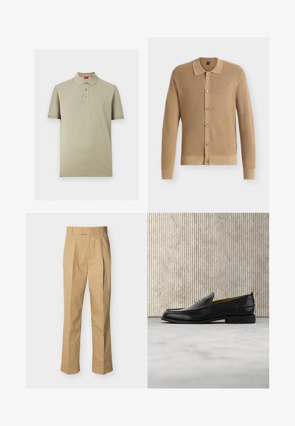 Cardigan en tricot marron clair à manches longues avec col et six boutons sur le devant, présenté sur fond blanc.; Polo beige clair à manches courtes avec trois boutons et un petit logo "HUGO" sur la poitrine gauche.; Pantalon beige en coton lisse à taille haute, avec des plis à l'avant et des jambes droites. Aucun équipement visible ni motifs.; Mocassin pour homme en cuir noir avec un dessus embossé effet croco et un petit talon, présenté de profil sur un fond neutre.