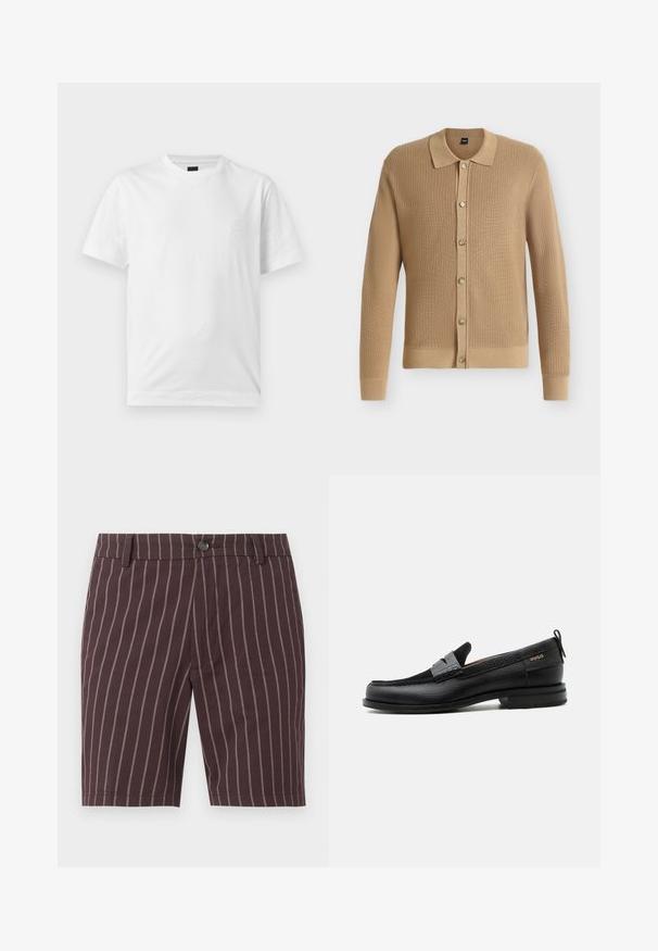 Cardigan en tricot marron clair à manches longues avec col et six boutons sur le devant, présenté sur fond blanc.; T-shirt blanc uni à manches courtes et col rond avec un petit logo embossé subtil sur la partie gauche de la poitrine.; Shorts marron foncé avec fines rayures blanches verticales, fermeture à boutons, passants de ceinture et coupe ajustée.; Mocassin en cuir noir avec détail de bride grise, talon bas et semelle texturée, marqué "HUGO" en or sur le côté.