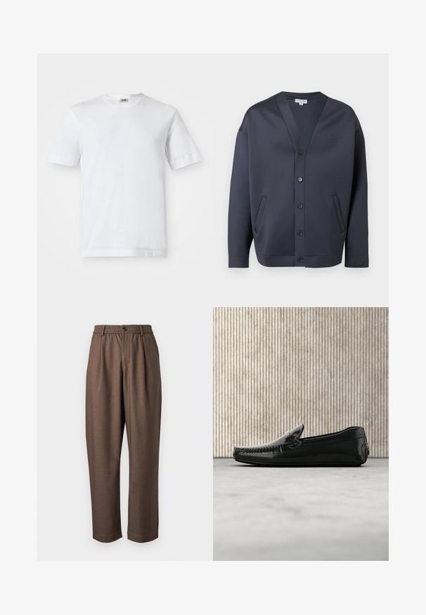 Cárdigan abotonado de color azul marino oscuro con cuello en V, dos bolsillos laterales y pequeño logo bordado en el pecho y el puño de la manga.; Camiseta de algodón blanca con mangas cortas, escote redondo y una textura suave. No se observan patrones ni detalles.; Pantalones marrones de corte holgado, con pliegues delanteros, cintura elástica y cierre de botón. La tela tiene una textura suave y lisa.; Mocasines de cuero negro con un acabado brillante, punta redonda y herrajes decorativos en la parte delantera. Suela de goma de bajo perfil. Textura suave.