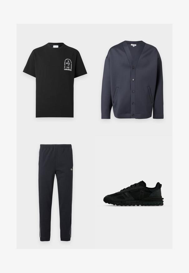 Cardigan boutonné bleu marine foncé avec col en V, deux poches latérales et petit logo brodé sur la poitrine et le poignet de la manche.; T-shirt Lacoste noir à manches courtes avec un motif blanc et le texte « La légende de l'élégance française continue » sur le côté gauche de la poitrine.; Pantalon de sport noir avec taille élastique, jambes fuselées, bandes latérales blanches et petit logo crocodile vert sur la cuisse droite.; Baskets de sport basses noires avec semelle texturée, lacets à l'avant et design en tissu superposé, vues de côté sur fond uni.