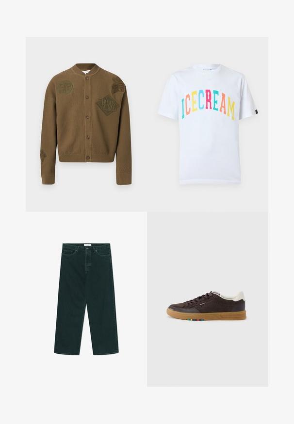 Brun tekstureret cardigan med knapper, ribstrikket krave, manchetter og kant, med præget logo "Palais Royal" og blomsterdesigns.; Hvid bomulds-T-shirt med "ICECREAM" i flerfarvet, legende tekst. Klassisk rund hals og korte ærmer.; Mørkegrønne vidde denimjeans med knap- og lynlås lukning, forlommer og bæltestropper, liggende fladt på en hvid baggrund.; Mørkebrun ruskindssneaker med rågummisål, hvid hælflig, snørelukning og lille multicolor detalje på siden af sålen.