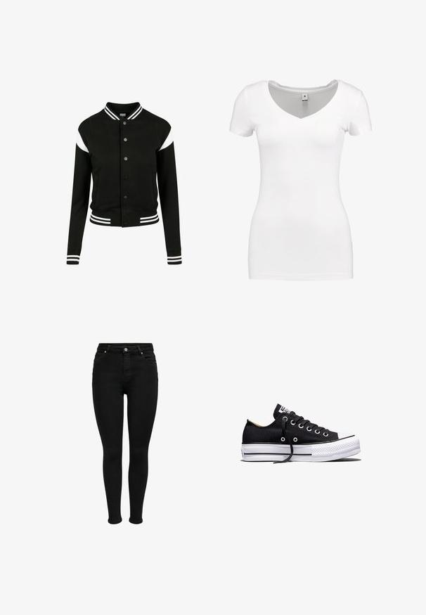 Veste varsity noire avec des accents blancs, poignets et ourlet côtelés, fermeture à boutons, deux poches latérales, fabriquée en tissu doux. Design sportif classique.; G-STAR BASE - T-shirt basique - white; Jean skinny noir taille haute avec bouton à l'avant, passants de ceinture et design à cinq poches, présenté sur fond blanc.; Baskets basses en toile noire avec semelle plateforme en caoutchouc blanche, lacets noirs et œillets métalliques sur fond blanc.