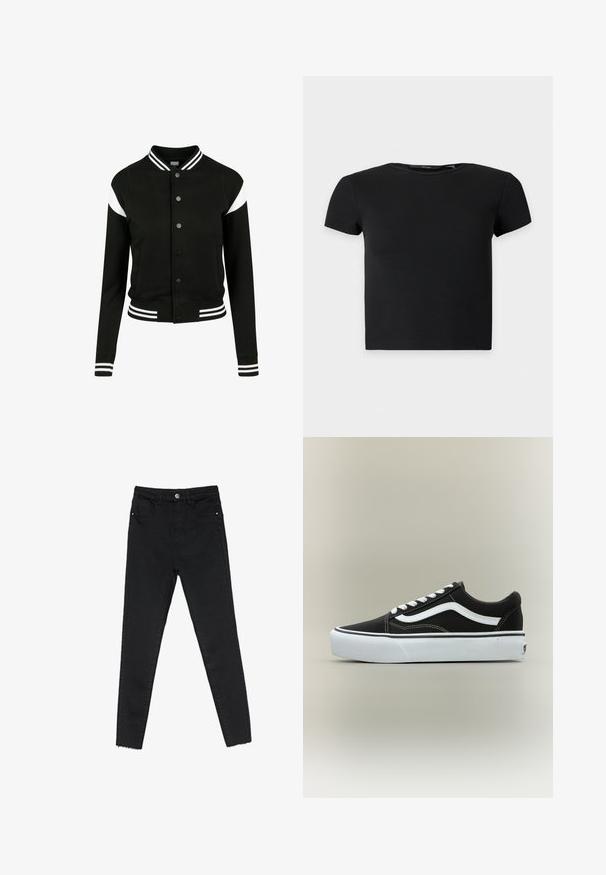 Schwarze Collegejacke mit weißen Akzenten, gerippten Bündchen und Saum, Knopfverschluss, zwei Seitentaschen, aus weichem Stoff hergestellt. Klassisches Sportdesign.; Schwarzes kurzärmeliges, geripptes Croptop mit rundem Ausschnitt, auf einfarbig hellem Hintergrund dargestellt.; Schwarze enge Jeans aus Denim mit hoher Taille, Fünf-Taschen-Design und rohem Saum an den Knöcheln. Klassischer Knopf- und Reißverschluss.; Niedriger schwarzer Sneaker mit weißem Seitenstreifen, weißen Schnürsenkeln, weißer Gummisohle und strukturierter Zehenkappe auf neutralem Hintergrund.