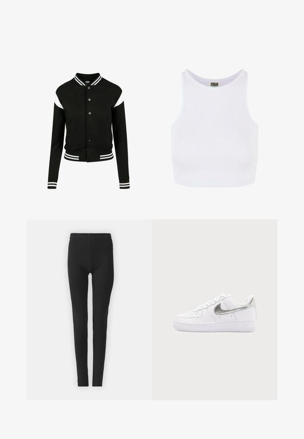 Chaqueta tipo varsity negra con acentos en blanco, puños y dobladillo acanalados, cierre de botones, dos bolsillos laterales, hecha de un tejido suave. Diseño deportivo clásico.; Top corto blanco de canalé con tirantes anchos y escote redondo. Presenta una textura suave y un diseño minimalista sin patrones.; Leggings negros y elásticos con un ajuste ceñido, que cuentan con una cintura alta y una textura suave. Sin patrones visibles ni detalles de hardware.; Zapatilla blanca de corte bajo con el logo Nike en plata metálica y cordones blancos sobre un fondo gris claro liso.