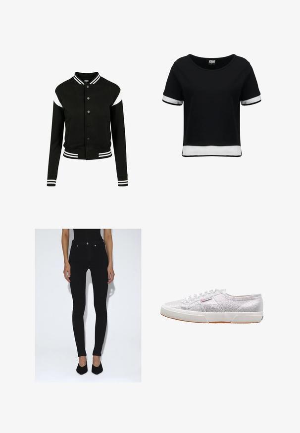 Schwarze Collegejacke mit weißen Akzenten, gerippten Bündchen und Saum, Knopfverschluss, zwei Seitentaschen, aus weichem Stoff hergestellt. Klassisches Sportdesign.; Schwarzes, kurzes T-Shirt mit kurzen Ärmeln, das weiße Mesh-Details an den Ärmeln und dem Saum aufweist. Glattes Material; runder Halsausschnitt.; Person trägt schwarze Skinny-Jeans mit hoher Taille und schwarze spitze Pumps, steht vor einem schlichten weißen Hintergrund.; Silberne Glitzer-Sneaker mit einer weißen Gummisohle, runder Zehenpartie, Schnürdesign und einem Logo-Patch an der Seite.